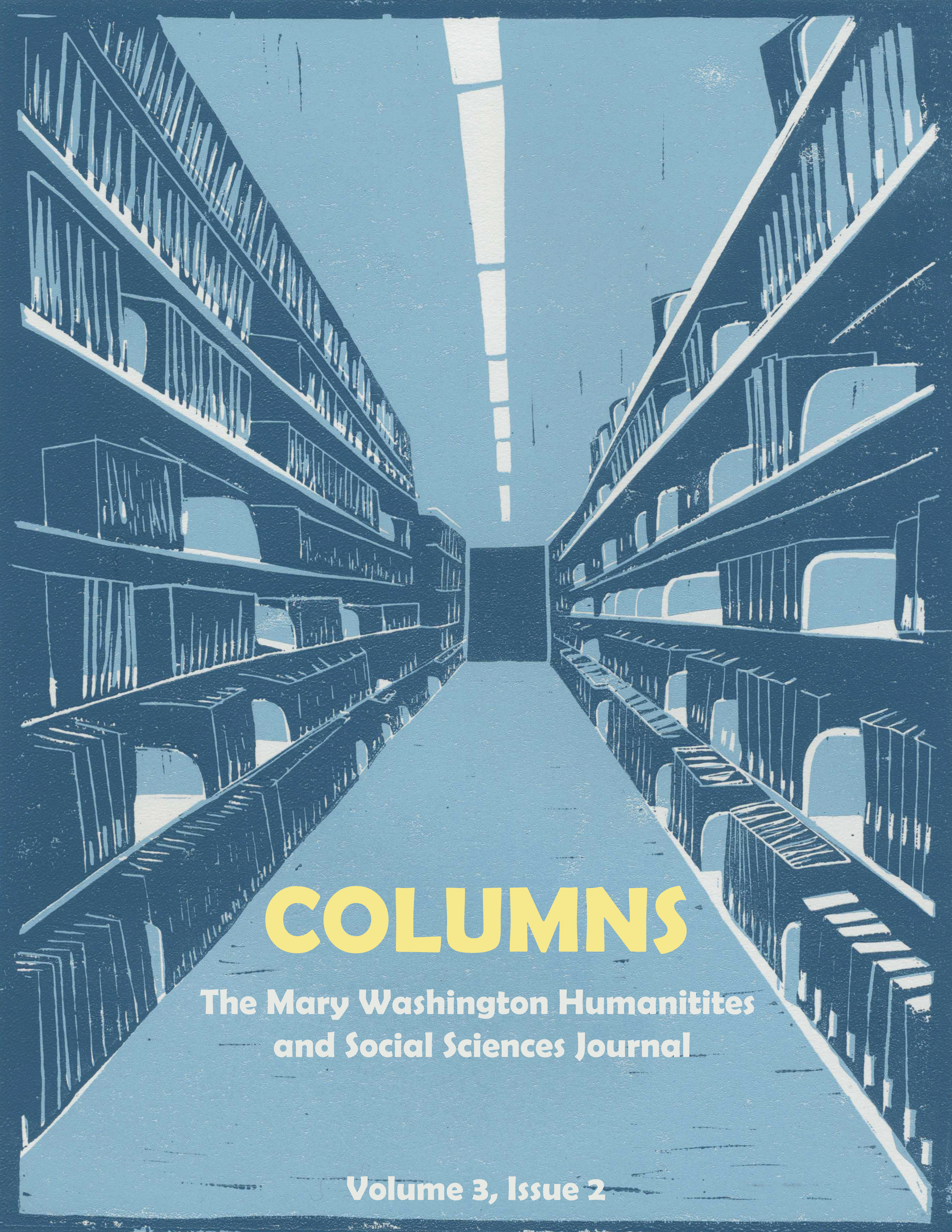 Library hallway in shades of blue, Columns: The Mary Washington Humanities and Social Sciences Journal